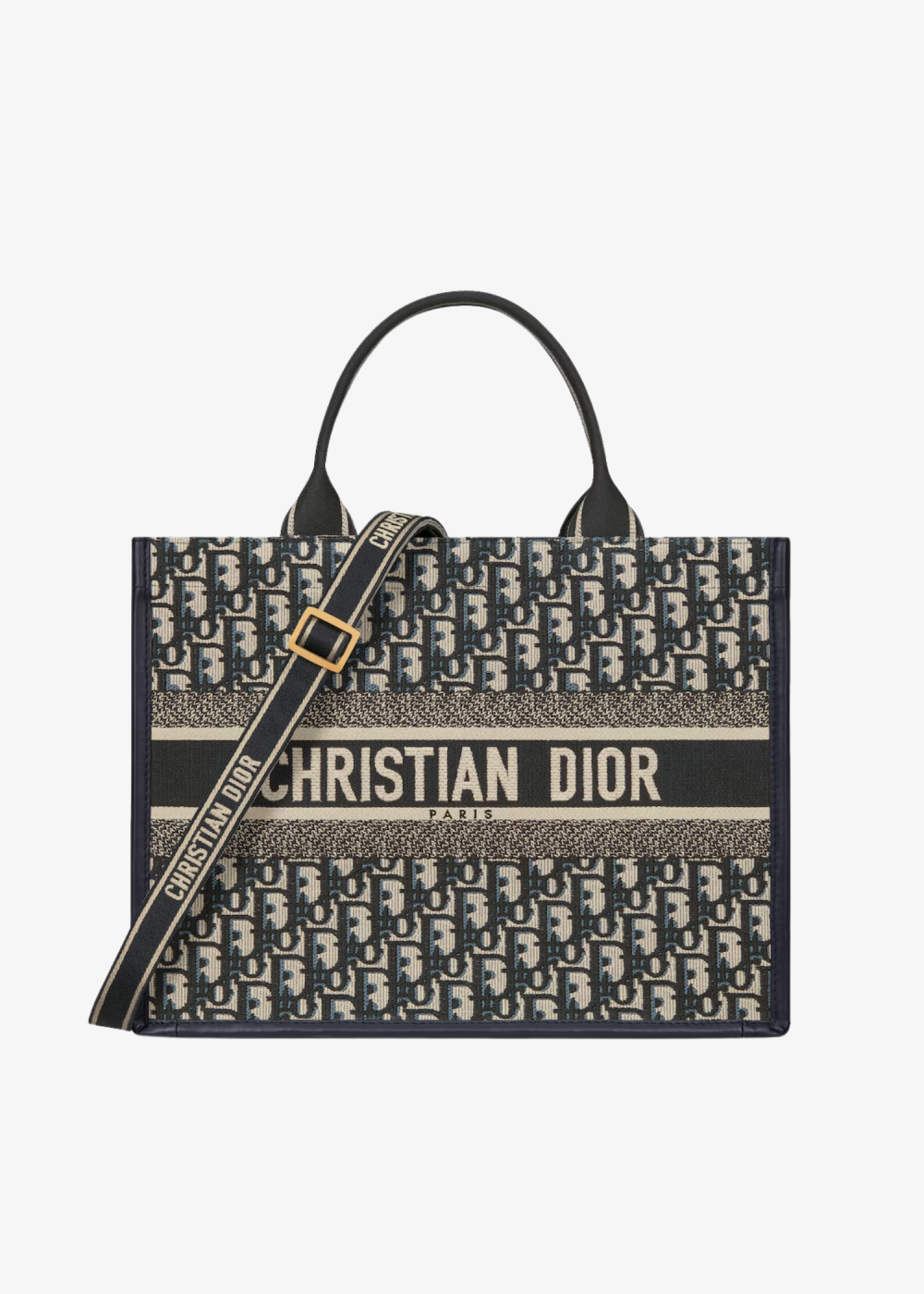 Medium Dior Book Tote Blue Dior Oblique Embroidery and Calfskin (Belt Not Included)